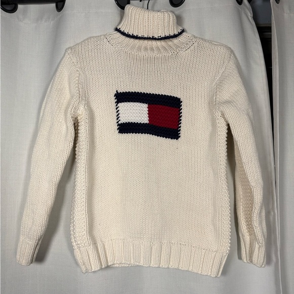 Vintage Tommy Hilfiger Ivory Graphic Chunky Knit Turtleneck Medium - Picture 2 of 9